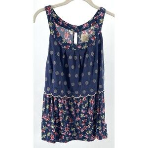 Anthropologie Ric Rac Mixed Print Tank Top Floral Polka Dot Navy Size Large
